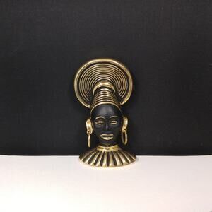 Vintage 1950s African Princess Brooch, Gold Plated. Black Enamel